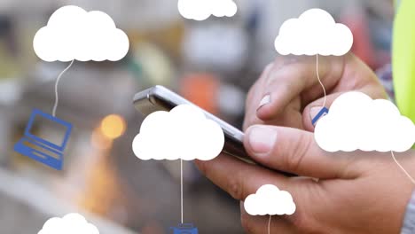 Animation-of-digital-clouds-with-icons-over-man-using-smartphone