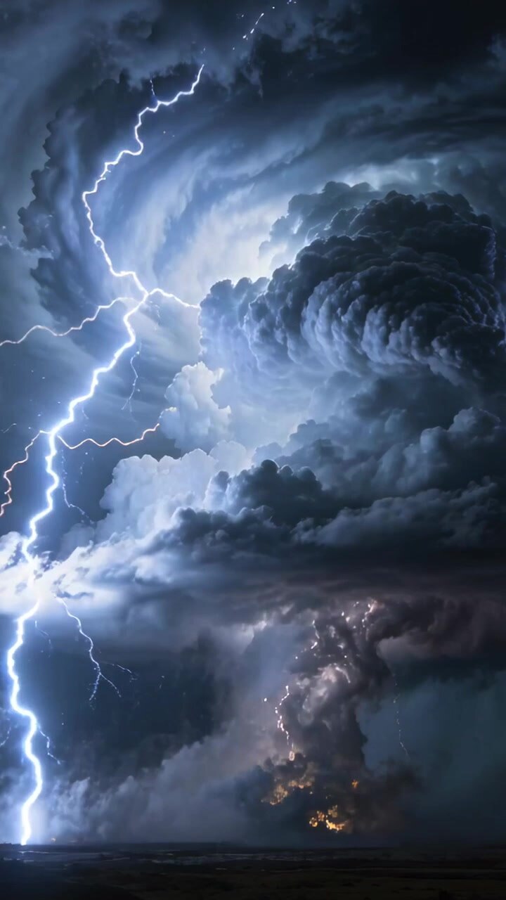 Video verticale: Cumulonembo che si stringe a imbuto dopo un fulmine iniziale sulle pianure di notte.