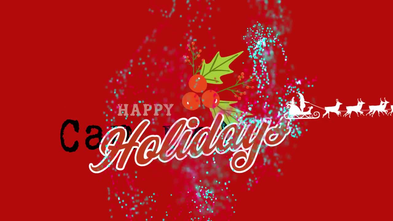 A digital animation of the text 'happy holidays' with a mistletoe icon against a black background