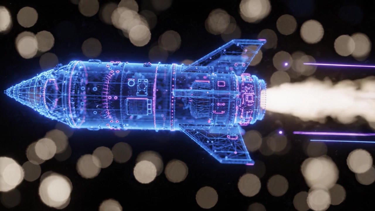 A Futuristic Rocket Launching Into Space with Glowing Trails and Brilliant Bokeh Background, Showcasing Advanced Technology and Stunning Visual Effects