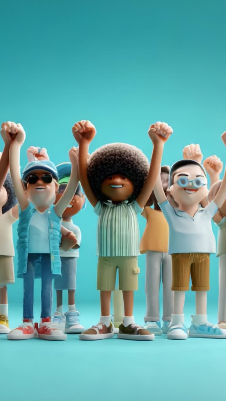 A group of animated characters enthusiastically celebrating together with raised arms, showcasing diversity and joy against a vibrant blue background