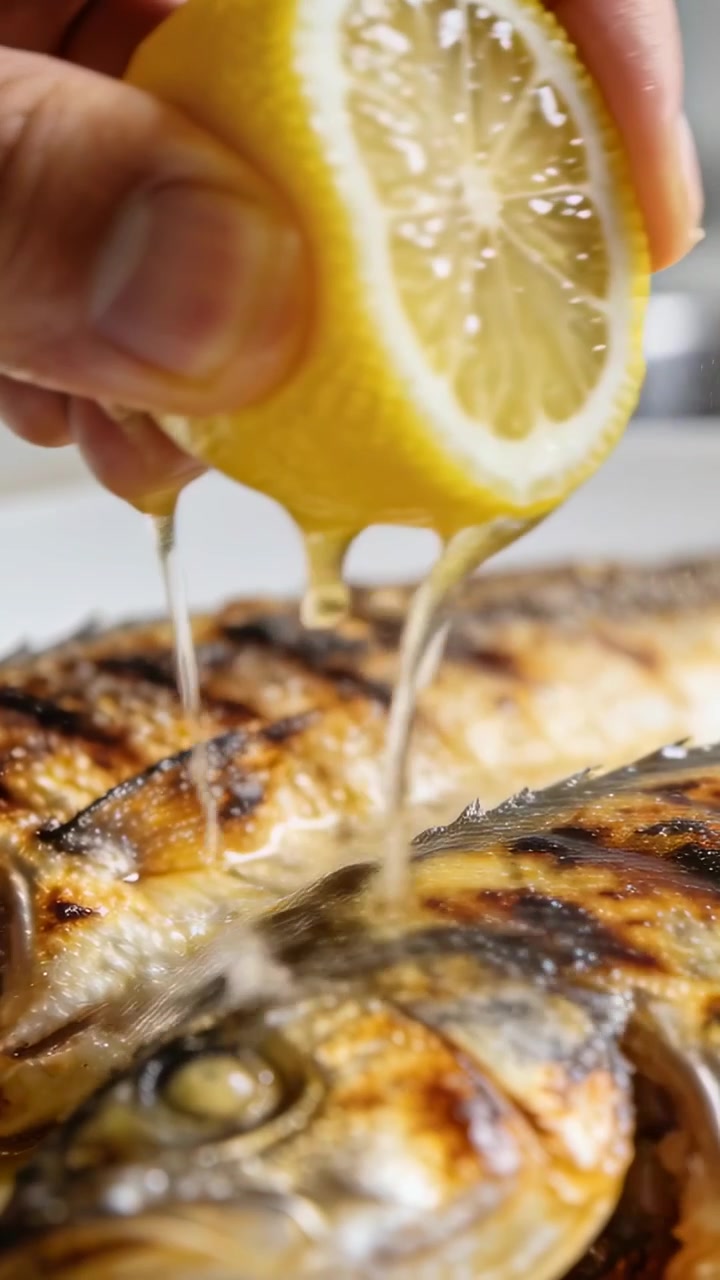 Video verticale: Mano di un cuoco che condisce pesce alla griglia al lavello della cucina, spremendo mezzo limone.