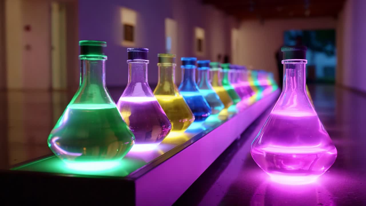 A mesmerizing display of colorful laboratory flasks illuminated with vibrant lights, showcasing a stunning array of glowing liquids in a modern scientific setting, creating an enchanting visual experience