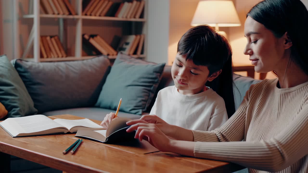 Mother helping daughter with homework at home