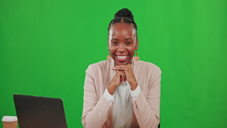 Laptop,-business-and-face-of-black-woman-on-green