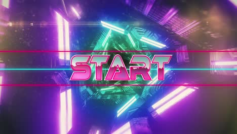 Animation-of-start-text-banner-over-neon-purple-and-green-glowing-tunnel-in-seamless-pattern