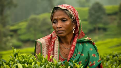 indian woman dressed in traditional attire, harvesting tea leaves in a lush plantation, diligently collecting the finest quality crop under the warm sun in a rural landscape