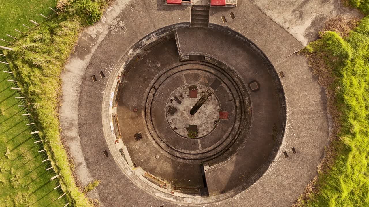 Top-down aerial of a WWII bunker, Fort Stony Batter at Waiheke Island, drone shot closeup