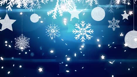 Animación-De-Bolas-Navideñas,-Nieve-Y-Estrellas-Cayendo-Sobre-Fondo-Azul