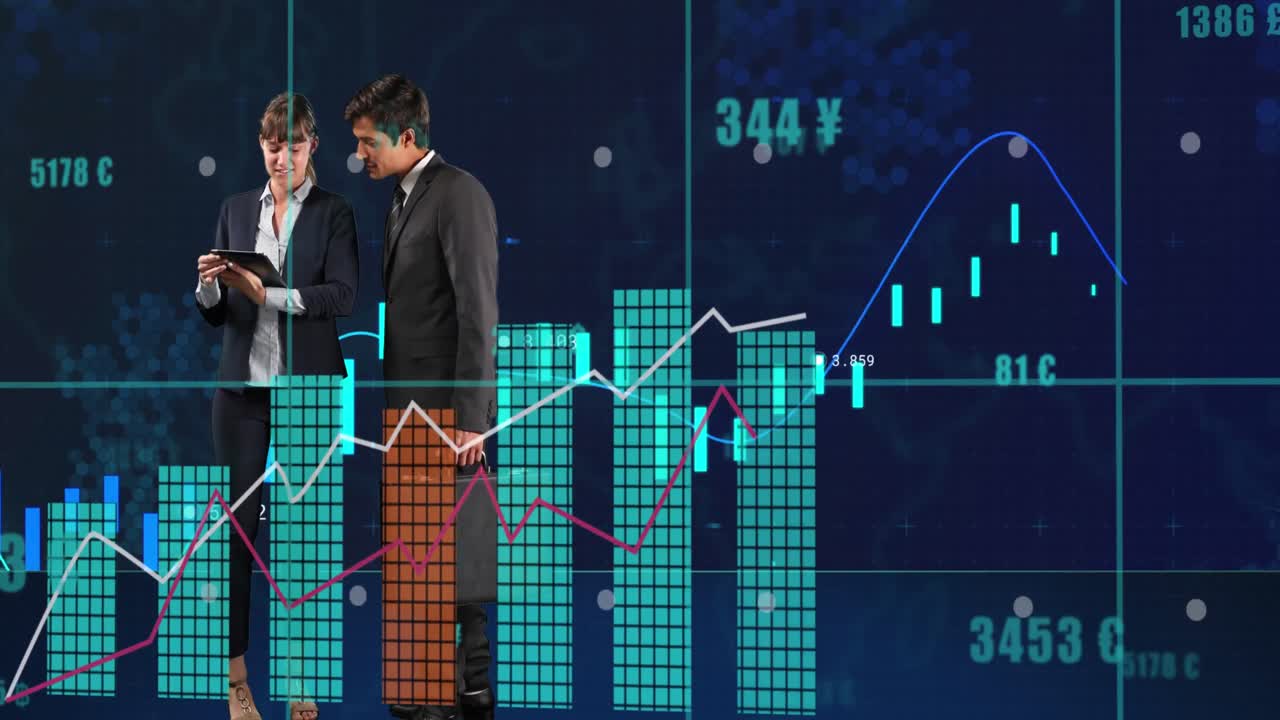 animación de diversos datos financieros y gráficos sobre mujeres y hombres de negocios caucásicos