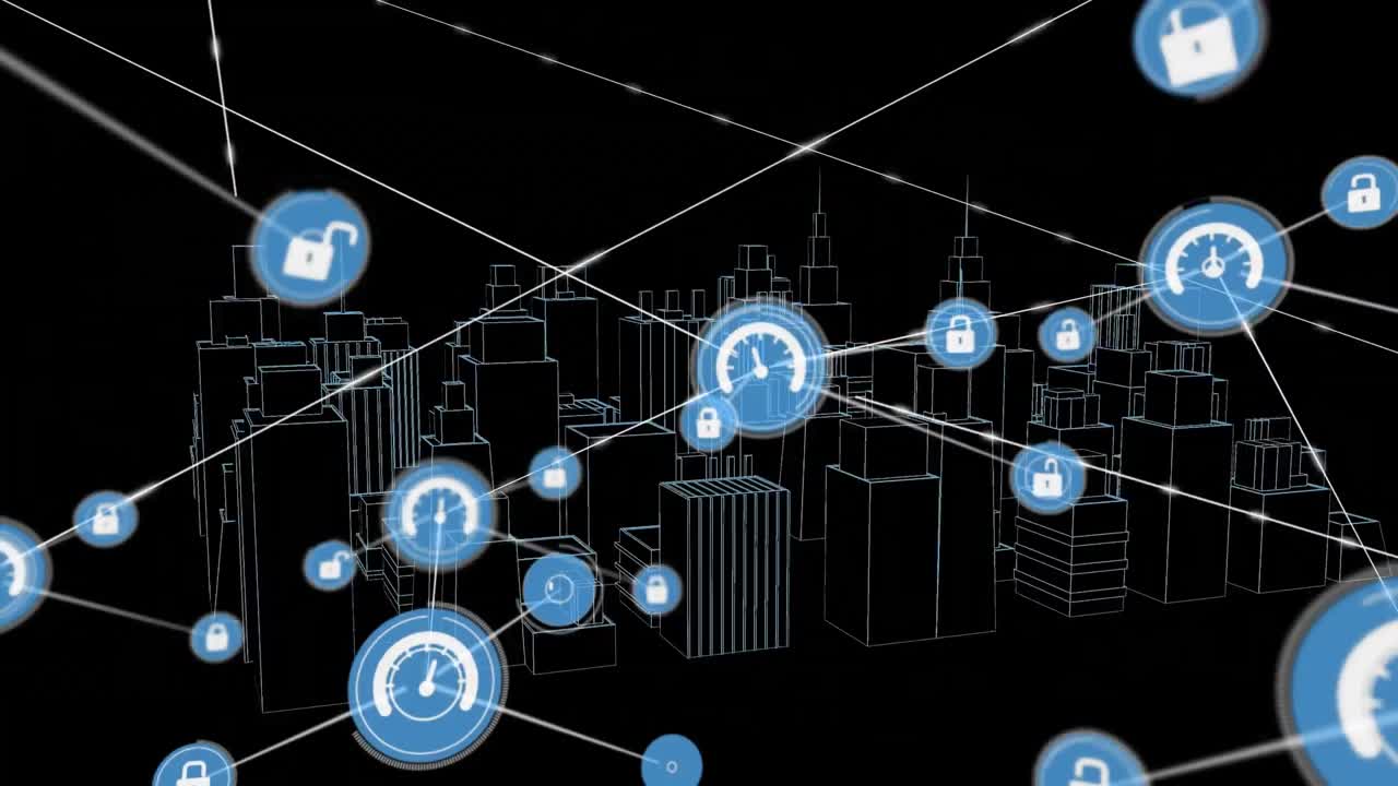 animación de la red de conexiones con iconos sobre el dibujo de la ciudad en 3d