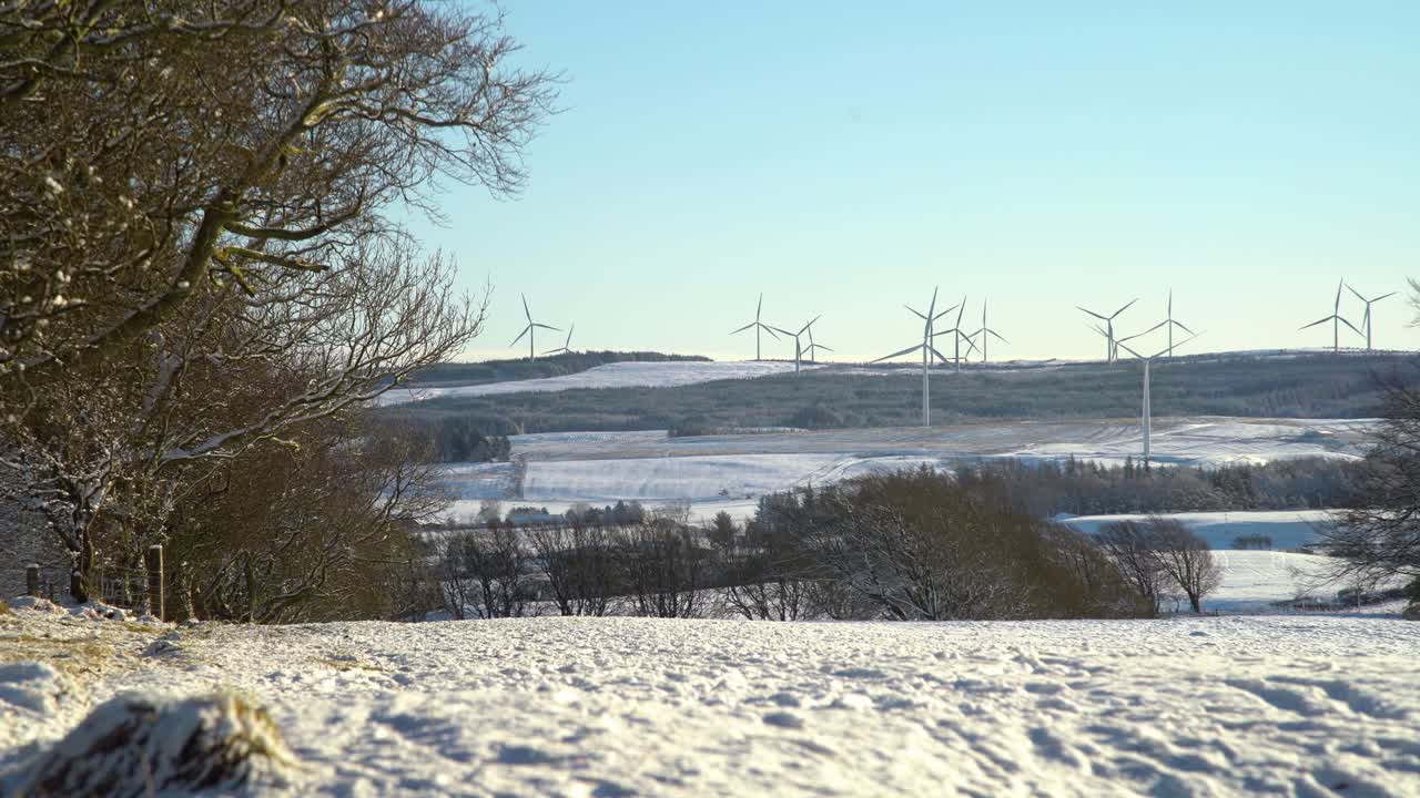 풍경이 하얀 눈으로 덮여 있는 동안 언덕 꼭대기에서 바람에 밀을 돌리고 있습니다.