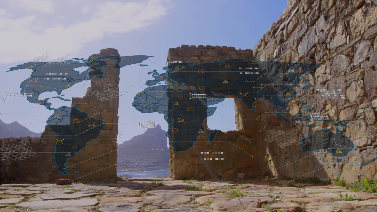 Vue sur une ruine antique, avec une carte du monde numérique superposée et des nœuds lumineux montrant le flux de données mondial.