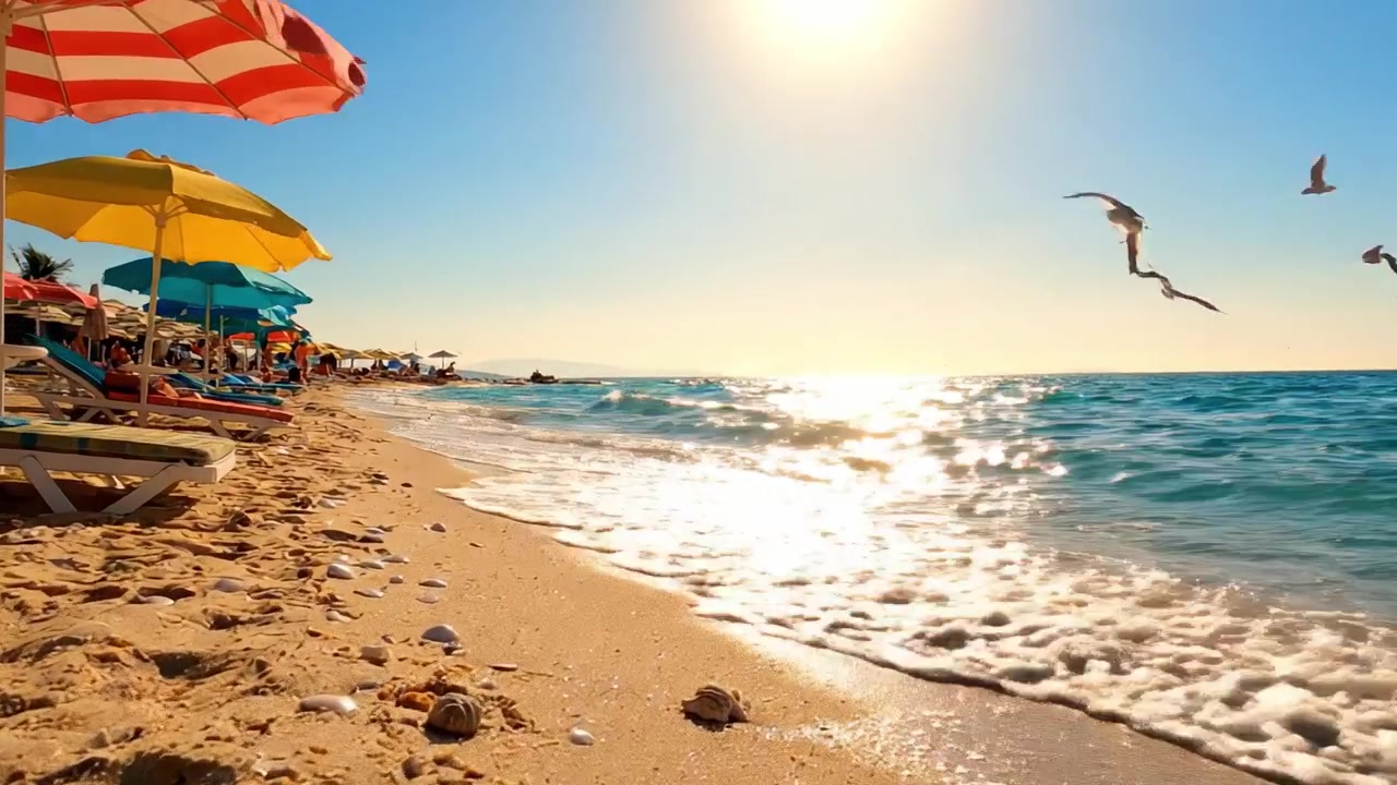 Een rustige strandscène bij zonsondergang met kleurrijke parasols en schelpen langs de kustlijn, die de warme gloed van de zon over kalme golven weerspiegelen.