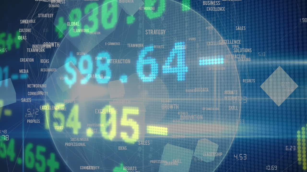 금융 데이터 처리의 애니메이션, 파란색 배경에 전 세계 비즈니스 텍스트