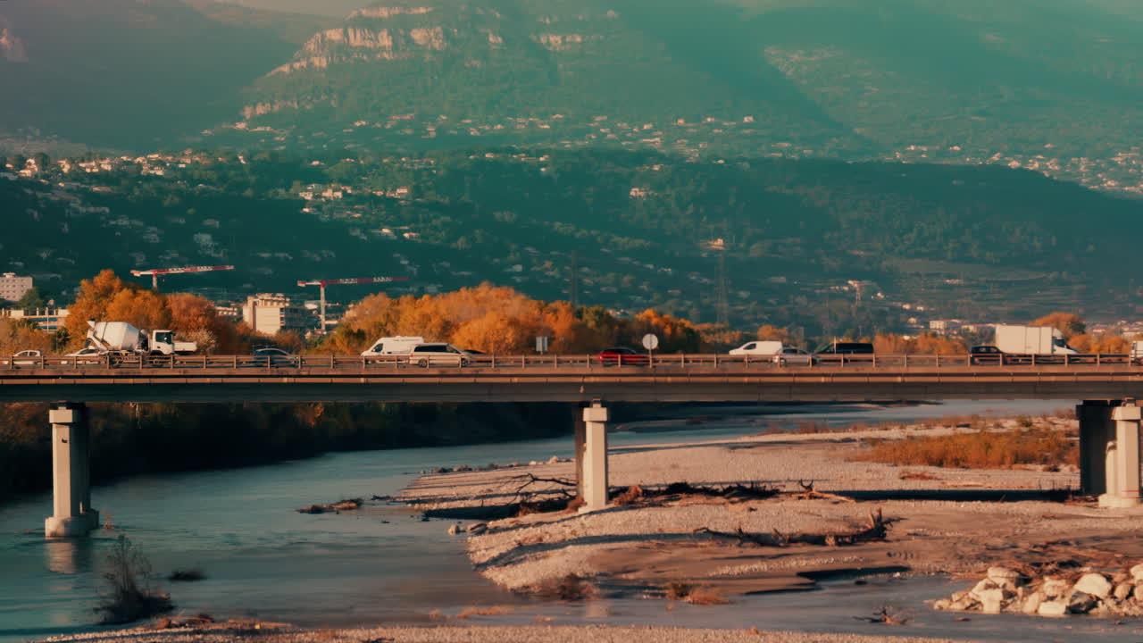 Aerial drone view of a bridge over the Var river in Nice, France