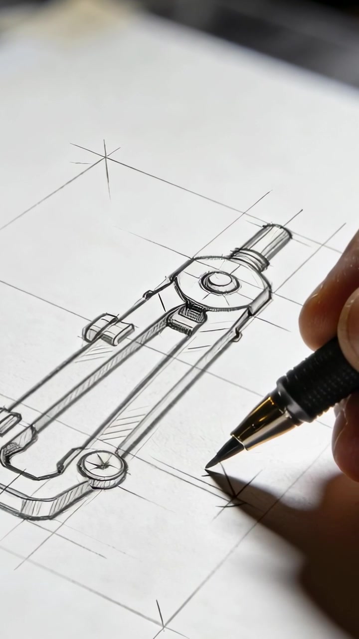 Vertical video: Entering hand tracing compass grid at drafting desk finalizing sketch with pen