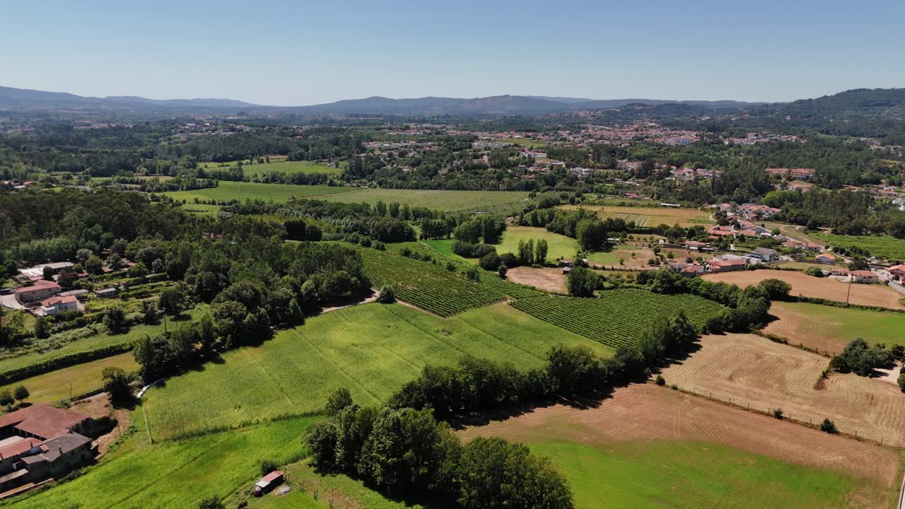green fields, vineyards, and rural landscape in Amares, Braga, Minho region - drone