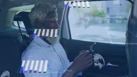 análisis de datos y conexiones globales animación sobre el hombre usando teléfono inteligente en el coche
