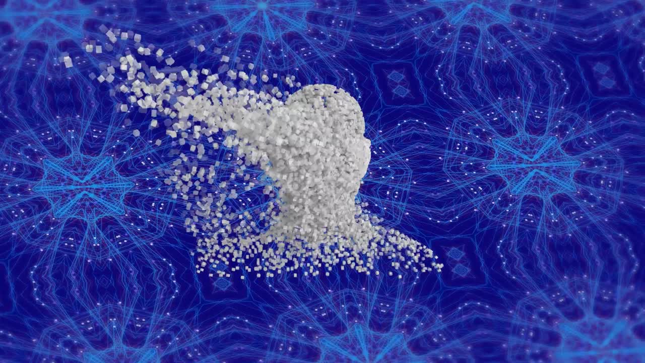 파란색 칼레이도스코프 패턴 배경 위에서 폭발하는 입자로 형성된 인체의 애니메이션