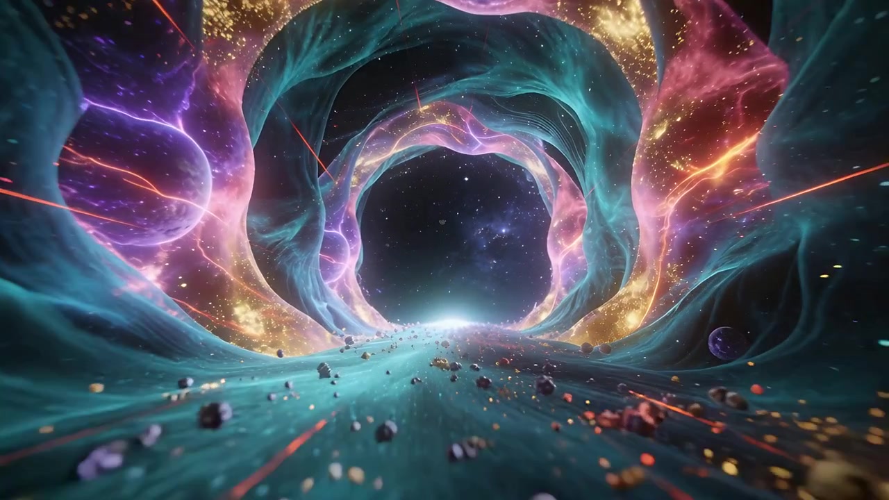 Advancing camera revealing concentric tunnel moving toward glowing starfield, with nebula ribbons