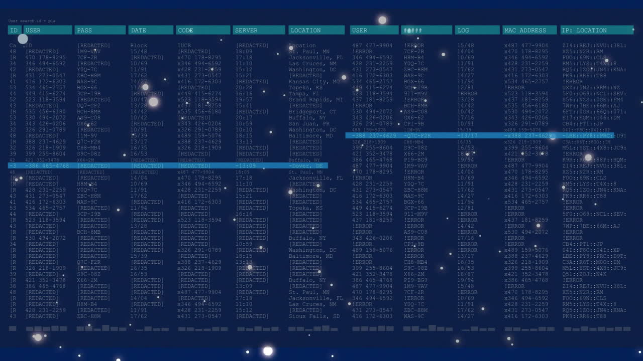 Animation of digital data table with glowing particles over blue background
