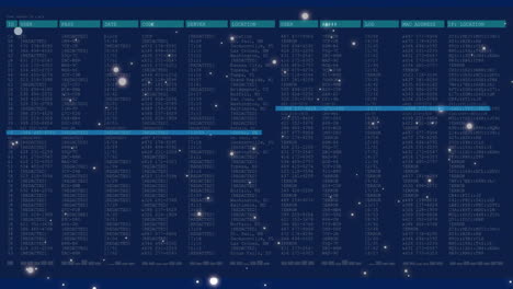 animation of digital data table with glowing particles over blue background