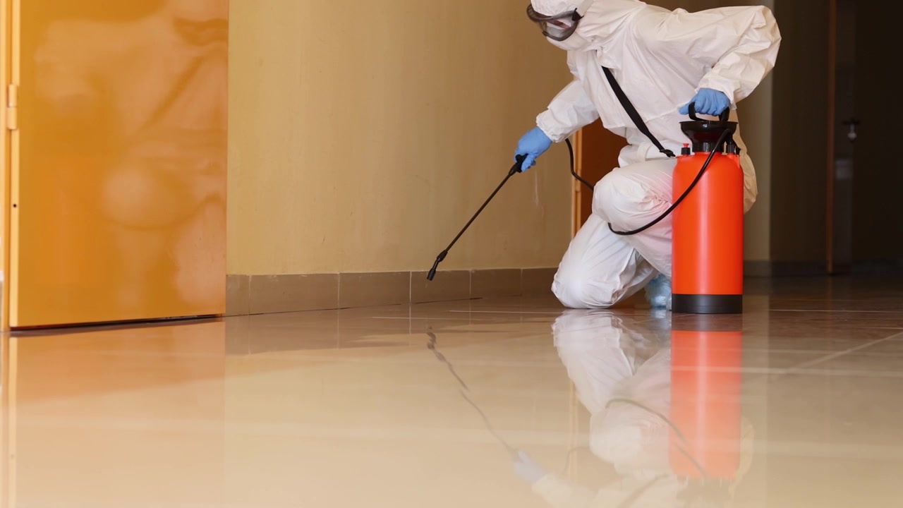 A pest control professional wearing protective gear while spraying disinfectant solution