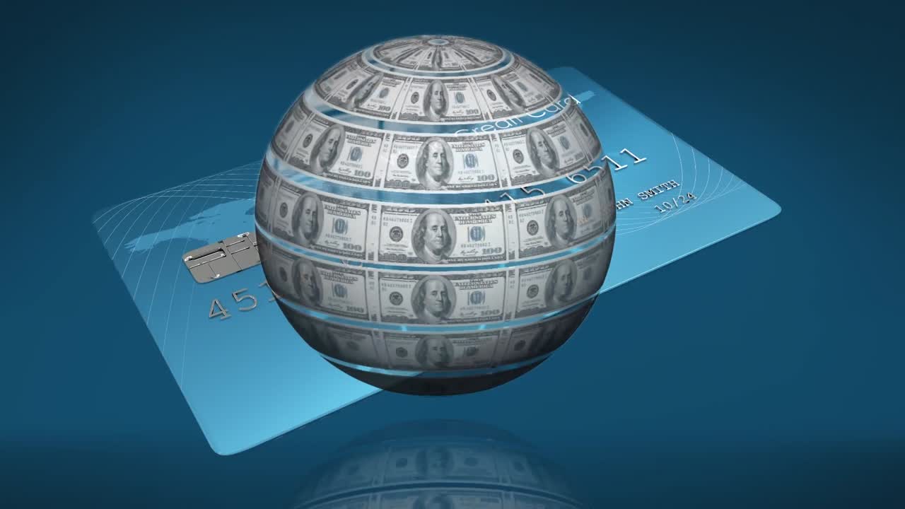 Animation of american dollar globe rotating over credit card on blue ...