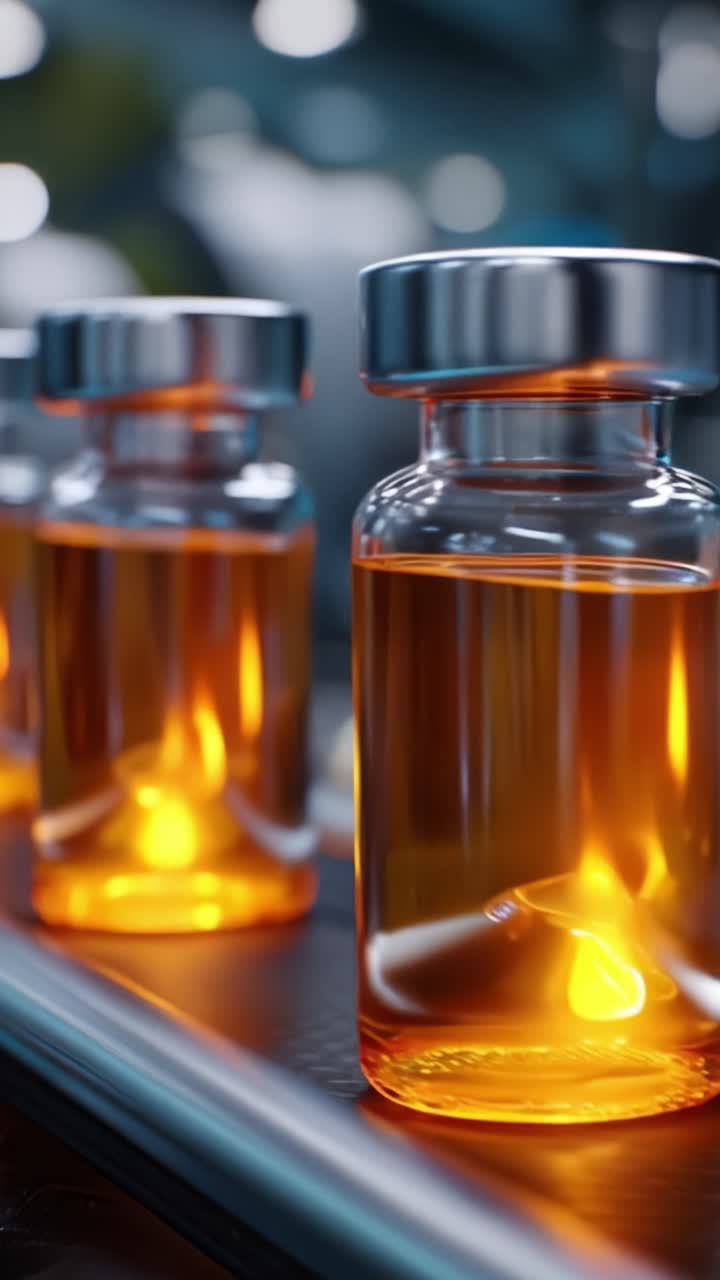 A close-up view of glass vials containing vibrant orange liquid on a production line, showcasing the modern manufacturing process of pharmaceutical products