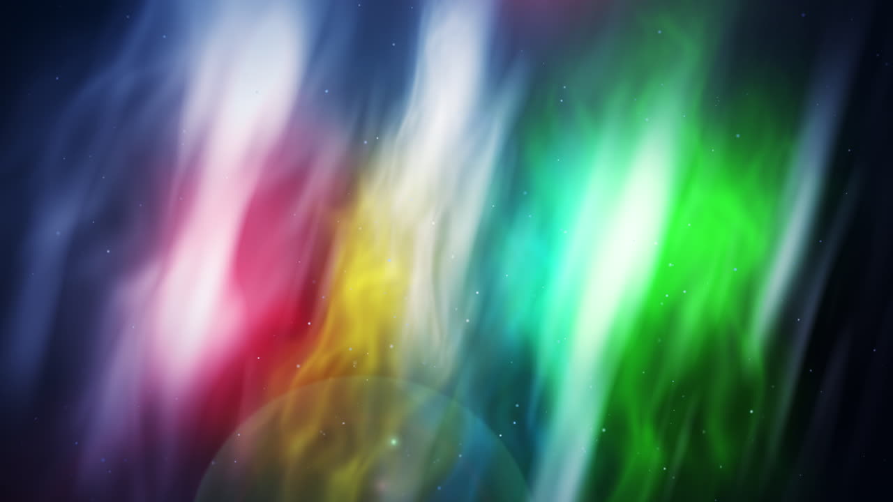 Abstract rainbow colors shine North Light with bright sparks. Glowing colored iridescent plasma. Looped animation on dark background.