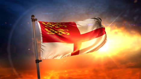 sark bandera retroiluminada en el hermoso amanecer bucle cámara lenta 4k