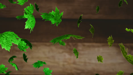 animación de múltiples hojas verdes que caen sobre un fondo marrón