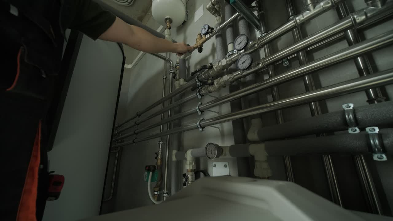 técnico que ajusta las válvulas de las tuberías de los sistemas de calefacción residenciales