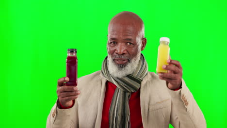 choice, face and black man with juice on a green