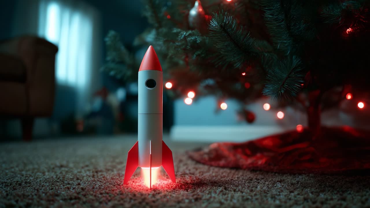 A whimsical holiday scene featuring a toy rocket taking off beneath a beautifully decorated Christmas tree, illuminated by soft lights and surrounded by a cozy living space, capturing the spirit of festive imagination