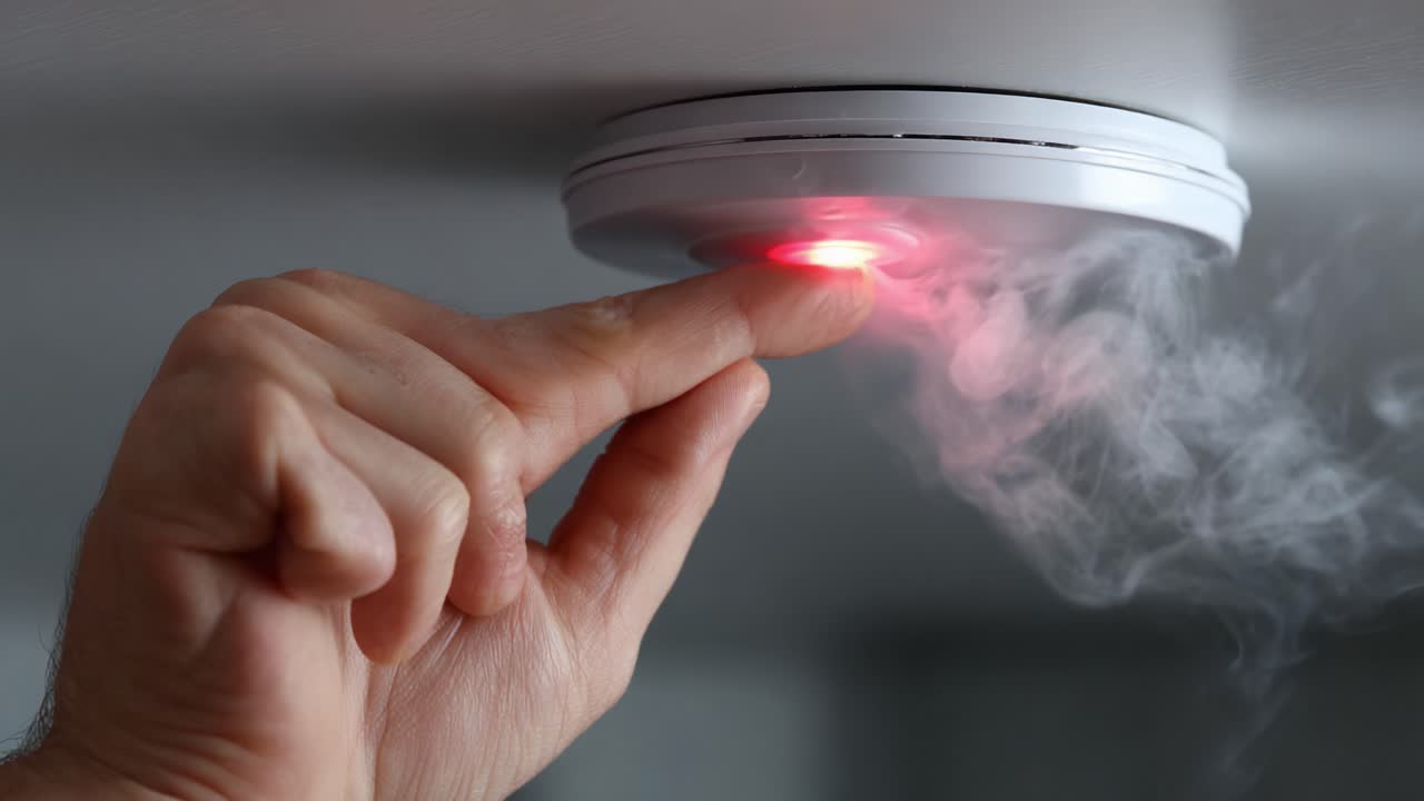 A hand presses the test button on a smoke detector, as it emits a bright red light while wisps of smoke surround the device, indicating an alert status for potential danger
