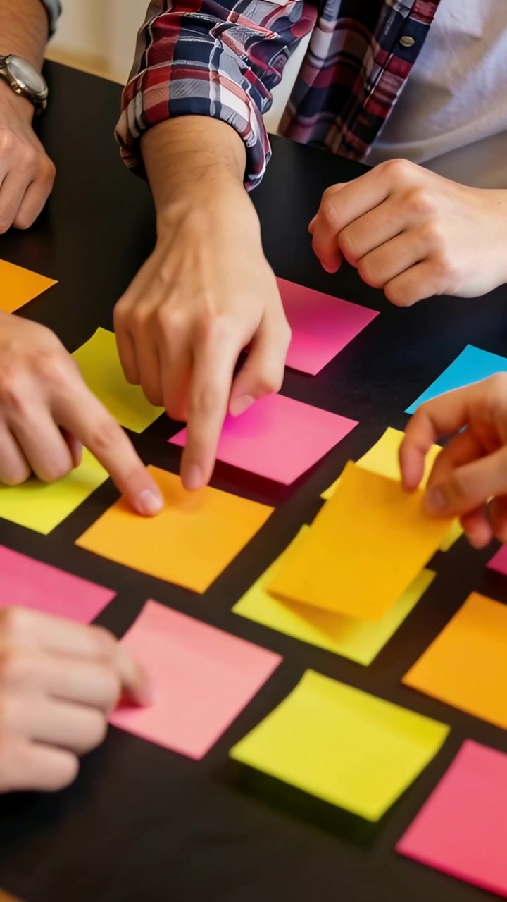 Video verticale: Squadra che indica un foglietto rosa, poi tocca, solleva e ordina appunti sul tavolo, orologio.