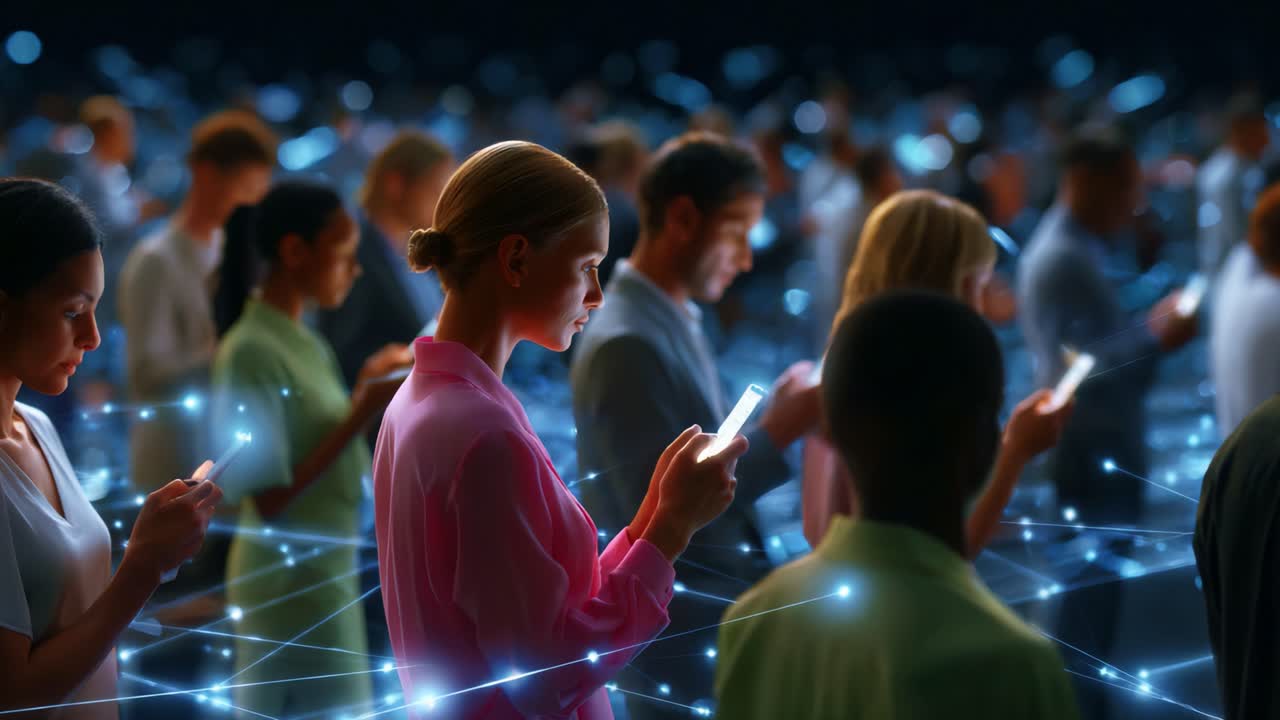 A vivid depiction of modern society's dependence on technology showcased in two frames, where individuals are absorbed in their smartphones amid a web of connectivity, exemplifying digital interactions and connectivity trends