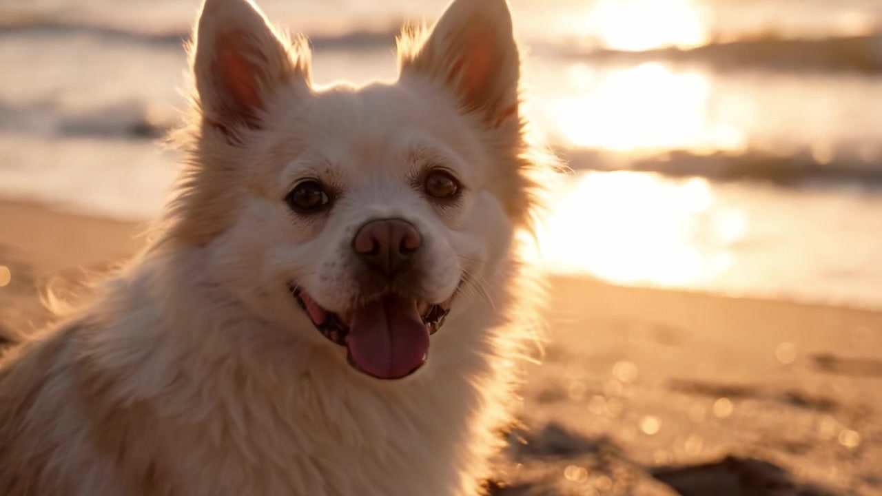 A Beautiful Dog Enjoying a Sunset at the Beach, Capturing the Essence of Serenity and Joy in Nature's Splendor, Radiating Happiness and Tranquility