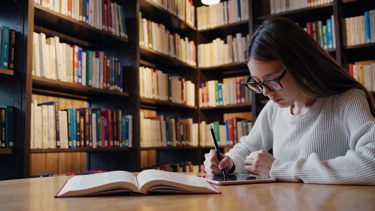 una adolescente estudiando en una biblioteca
