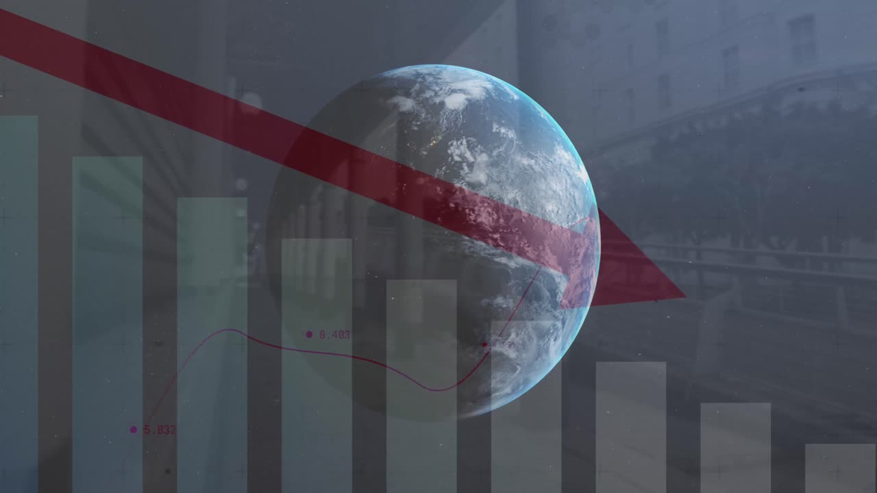 Animation of statistical data processing over globe against street