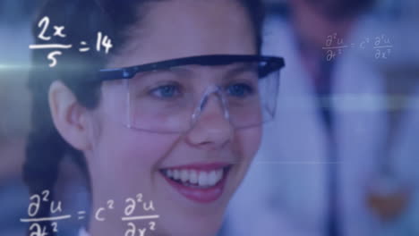 animation of mathematical equations over caucasian schoolgirl during chemistry lesson