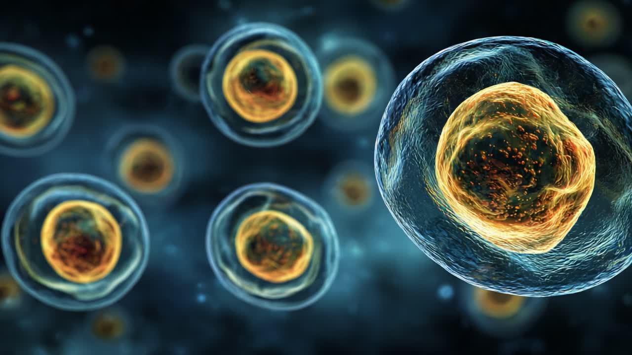 Detaljeret visualisering af mikroskopiske celler, der illustrerer cellestruktur og funktion, og fremhæver mangfoldigheden og kompleksiteten af cellebiologi under et forstørret objektiv