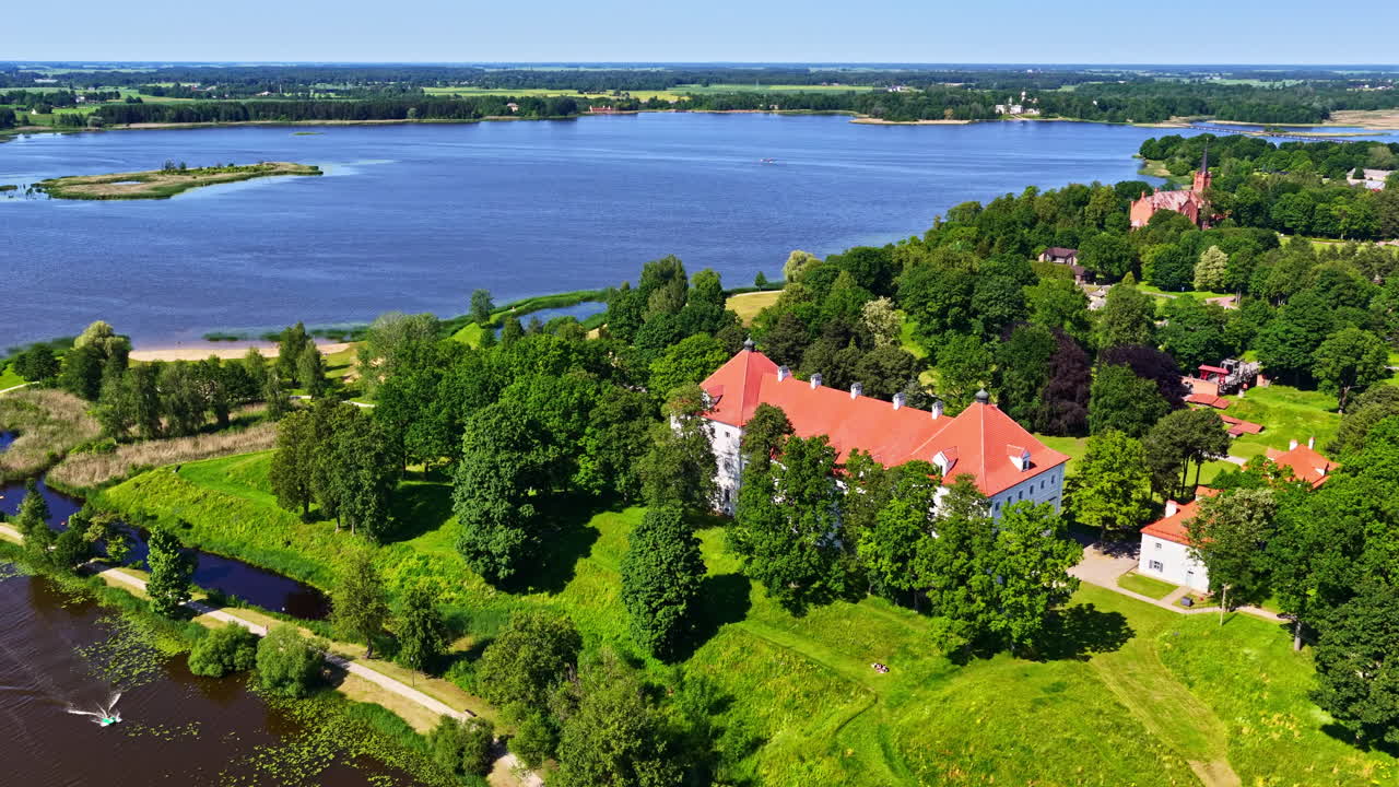 Italian-style bastion fort Biržai Castle Lithuania landmark near Lake Širvėna, aerial drone
