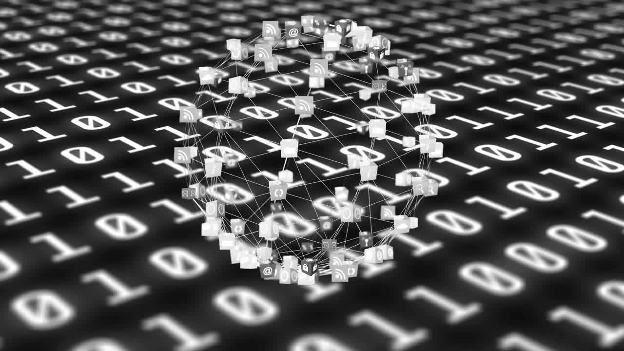 Animation of network of connections over binary code on black background