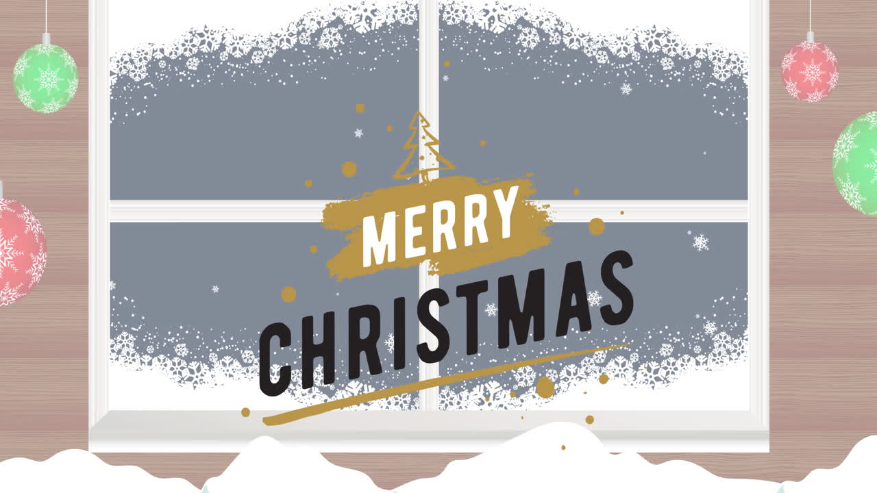 겨울 눈이 내린 창문 위에 메리 크리스마스 텍스트의 애니메이션