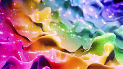 smooth abstract animation of liquid gradient rainbow color in 4k. bright glossy paint surface as abstract looped festive background. glitters on viscous liquid with 3d splashes on surface like drops.