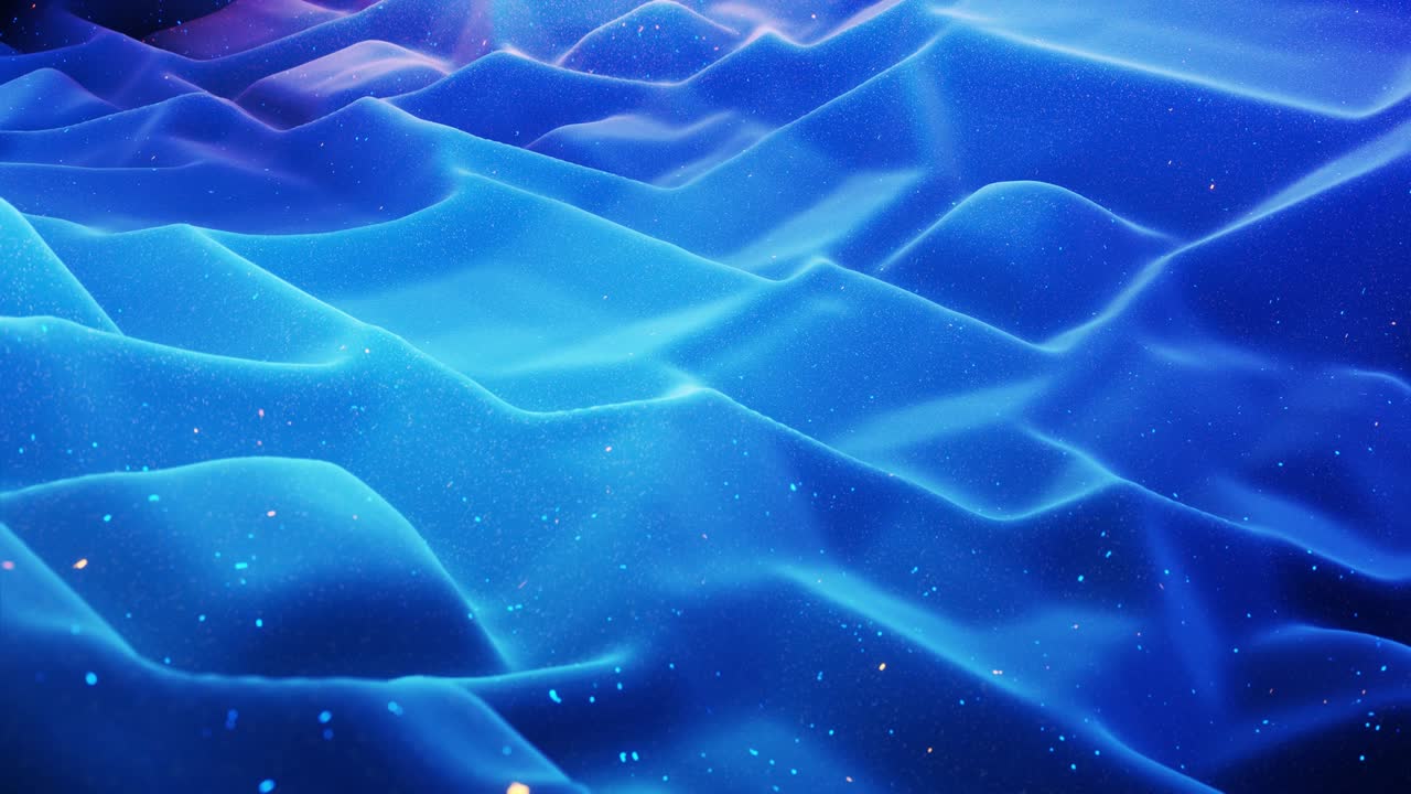 fantastical festive blue bg. Stylish abstract looped background, waves move on matt surface like landscape made of liquid blue wax with sparkles. Beautiful soft background with smooth animation 4k