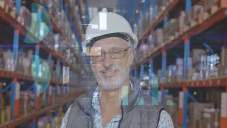 Animation-of-statistics-and-data-processing-over-smiling-man-working-in-warehouse